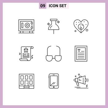 Universal Icon Symbols Group of 9 Modern Outlines of reader ebook bulb view glasses Editable Vector Design Elements
