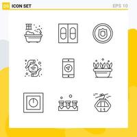 Pack of 9 Modern Outlines Signs and Symbols for Web Print Media such as growth mobile apps security message wireless Editable Vector Design Elements