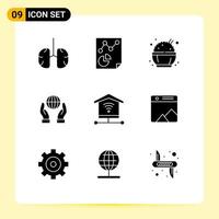 Pack of 9 Modern Solid Glyphs Signs and Symbols for Web Print Media such as internet power report energy biosphere Editable Vector Design Elements