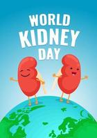 World kidney day poster with cartoon characters joyful jumping on Earth map. International human healthy kidneys care celebration placard. Genitourinary system internal organ mascot on holiday banner vector