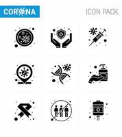 9 Solid Glyph Black Set of corona virus epidemic icons such as genetics infection place flu covid location viral coronavirus 2019nov disease Vector Design Elements