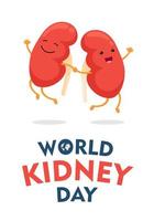 World kidney day vertical poster with cartoon characters joyful jumping. International human healthy kidneys care celebration placard. Genitourinary system internal organ mascot on holiday banner. Eps vector