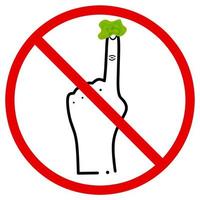 Prohibition of picking your nose in public places. Green snot hand icon with red circle on white background. vector