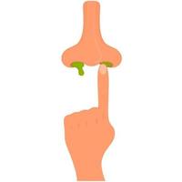 ilustración de hurgarse la nariz con el dedo sobre fondo blanco. mano de dibujos animados con mocos verdes que gotean. vector