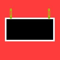 Blank photo frame vector icon hanging on clamp. Retro vintage style. Horizontal photo design template. Isolated on a red background. Place an image or text.