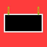 Blank photo frame vector icon hanging on clamp. Retro vintage style. Horizontal photo design template. Isolated on a red background. Place an image or text.