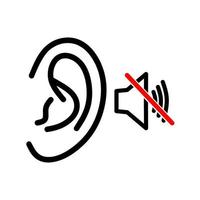 Ear icon with red line audio symbol on white background. Deaf concept. Human with hearing loss. vector