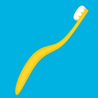 Yellow side view toothbrush vector icon on blue background. Cleaning tools teeth, mouth and freshen breath.