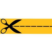 Scissors icon with yellow cutting line on white background. Sharp cutting tool. Vector illustration