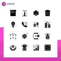 Modern Set of 16 Solid Glyphs and symbols such as dial idea printed education trash Editable Vector Design Elements