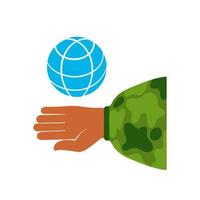 A military mans hand holds a globe of the globe. Military position vector