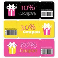 Discount Coupon Vector Template. Yellow, pink and black coupons with discount and gift icon.