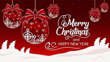 merry christmas and happy new year banner background red hanging christmas ball winter night vector template