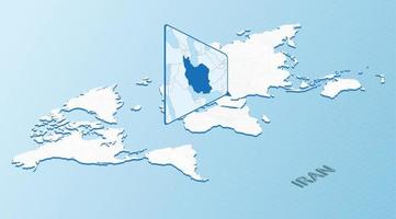 mapa mundial en estilo isométrico con mapa detallado de irán. mapa azul claro de irán con mapa del mundo abstracto. vector