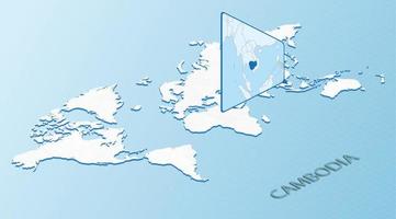 mapa mundial en estilo isométrico con mapa detallado de camboya. mapa de camboya azul claro con mapa del mundo abstracto. vector