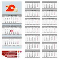 2023 wall calendar template. China and English language. Week starts from Monday. vector