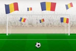 Romania football team fans with flags of Romania cheering on stadium, penalty kick concept in a soccer match. vector