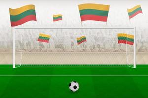 Lithuania football team fans with flags of Lithuania cheering on stadium, penalty kick concept in a soccer match. vector