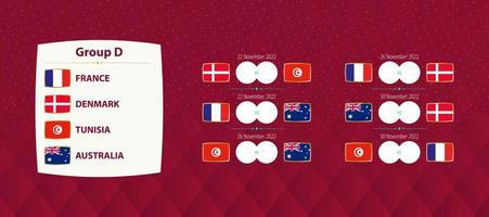 Football international tournament Group D matches, national soccer team schedule matches for 2022 competition. vector