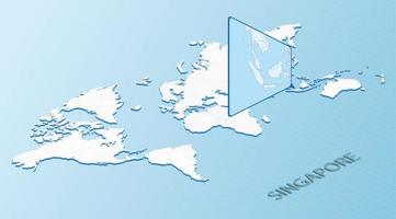 mapa mundial en estilo isométrico con mapa detallado de singapur. mapa azul claro de singapur con mapa del mundo abstracto. vector