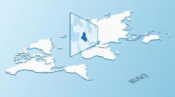 mapa mundial en estilo isométrico con mapa detallado de irak. mapa azul claro de irak con mapa del mundo abstracto. vector