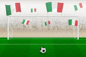 hinchas del equipo de fútbol de italia con banderas de italia animando en el estadio, concepto de tiro penal en un partido de fútbol. vector