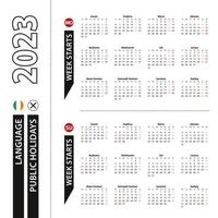 Two versions of 2023 calendar in Irish, week starts from Monday and week starts from Sunday. vector