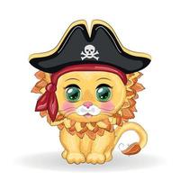 pirata león, personaje de dibujos animados del juego, gato animal salvaje con un pañuelo y un sombrero de tres picos con una calavera, con un parche en el ojo. personaje con ojos brillantes vector