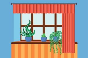 Flat style window with flowers, cat, pillows, curtains. View from the window, City and skyscraper, forest, trees, nature. vector