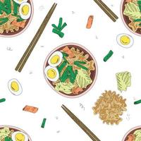 seamless pattern ramen and chopsticks. Sketch. Vector illustration. Chicken Thukpa noodle soup. Engraved style. Noodles in bowl. Asian fast food Ramen noodle soup. Tom Yam Fo Udon Kimchi