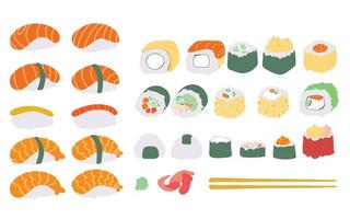 colección de ilustraciones vectoriales de sushi y rollos. icono de conjunto de vectores aislados de sushi. comida japonesa sobre fondo blanco. rollo de icono de conjunto de dibujos animados.