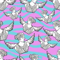 greek trippy woman statue with blue wings in psychedelic style seamless pattern vector
