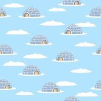 Seamless pattern of blue igloo. White winter background. Hand drawing icehouse. Eskimo house. Winter card. vector