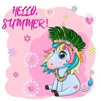 Cute cartoon unicorn dressed as a hula dancer, Hawaii, ready to go character. Summer, sea, palm trees, beach. vector