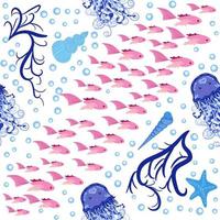 Seamless pattern with detailed transparent jellyfish. Childish seamless pattern with cute hand drawn fishes and jellyfishes in doodle style. Trendy nursery background vector