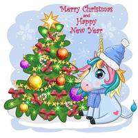 Cute cartoon unicorn in santa hat near christmas tree with gifts, balls. New Year and Christmas greeting card. vector