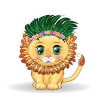 Cute little lion with wreath of hawaii flowers. Cartoon illustration vector