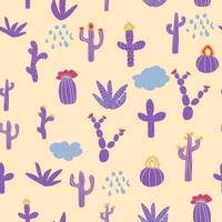 Seamless patterns with different cacti. Vibrant repeating texture with purple cacti. Background with desert plants. vector