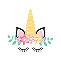 Fabulous cute unicorn with golden gilded horn and closed eyes. vector