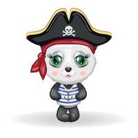 Panda pirate, cartoon character of the game, wild bear in a bandana and a cocked hat with a skull, with an eye patch. Character with bright eyes vector