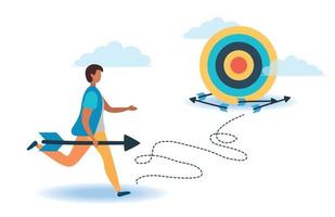 A man with an arrow is running towards his goal along a winding road, motivation is advancing, through clouds or stairs, steps of achievement, steps vector