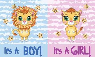 baby shower invitation for boy and girl.Blue and pink chevron background with Cute cartoon lion and lioness with big eyes in a bright style of children. vector
