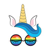 illustration of cute unicorn face wearing sunglasses vector