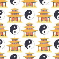 Cartoon chinese house seamless pattern. Chinese symbols of the coin with hieroglyphs, yin-yang, red fan, lanterns. vector