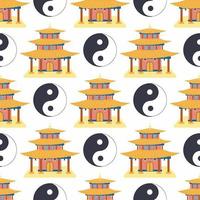 Cartoon chinese house seamless pattern. Chinese symbols of the coin with hieroglyphs, yin-yang, red fan, lanterns. vector