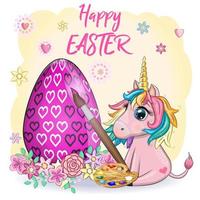 Easter unicorn cartoon character with easter egg, postcard. vector