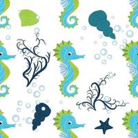 Cute seahorses cartoon seamless pattern. Hand drawn ocean animals. Nautical beach, Sea life fun underwater vector