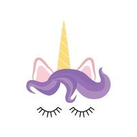 fabuloso unicornio lindo con cuerno dorado y ojos cerrados con flores y pestañas vector