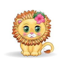 Cute little lion with wreath of hawaii flowers. Cartoon illustration vector