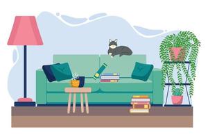 salón con muebles. acogedor interior con sofá y tv. ilustración de estilo plano. vector